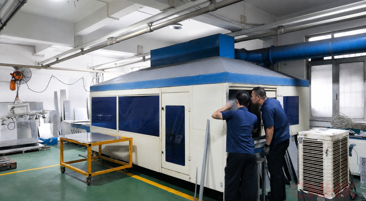 Operators working at an enclosed sheet metal processing station