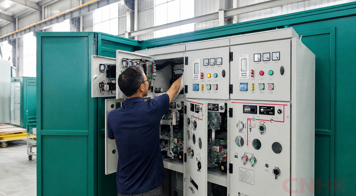 Technician checking wiring inside a switchgear cabinet
