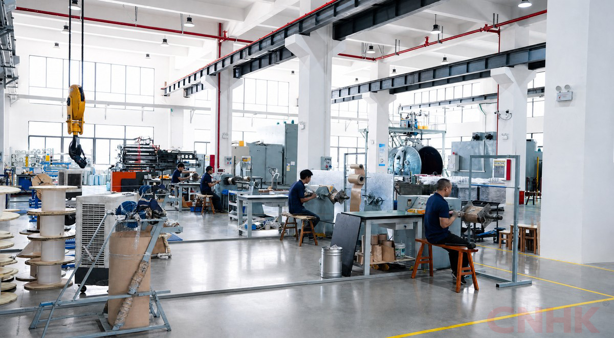 Technicians winding coils in the transformer workshop