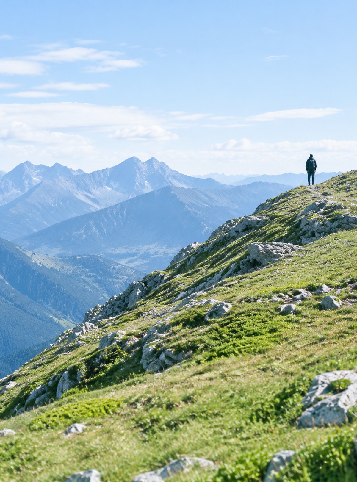 A person looking toward distant mountains from a bright ridge