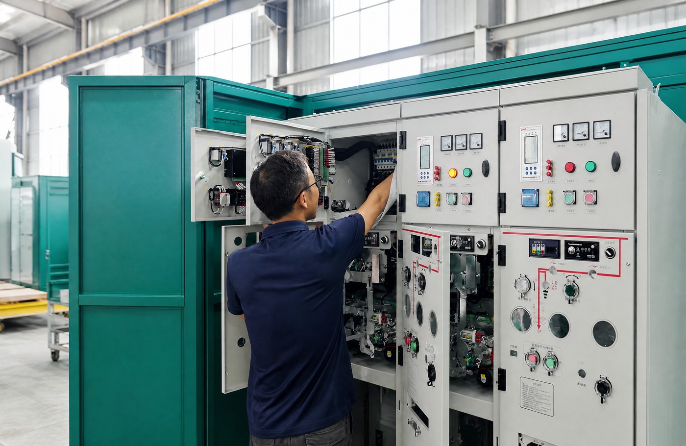 Technician checking a Huanghua switchgear cabinet