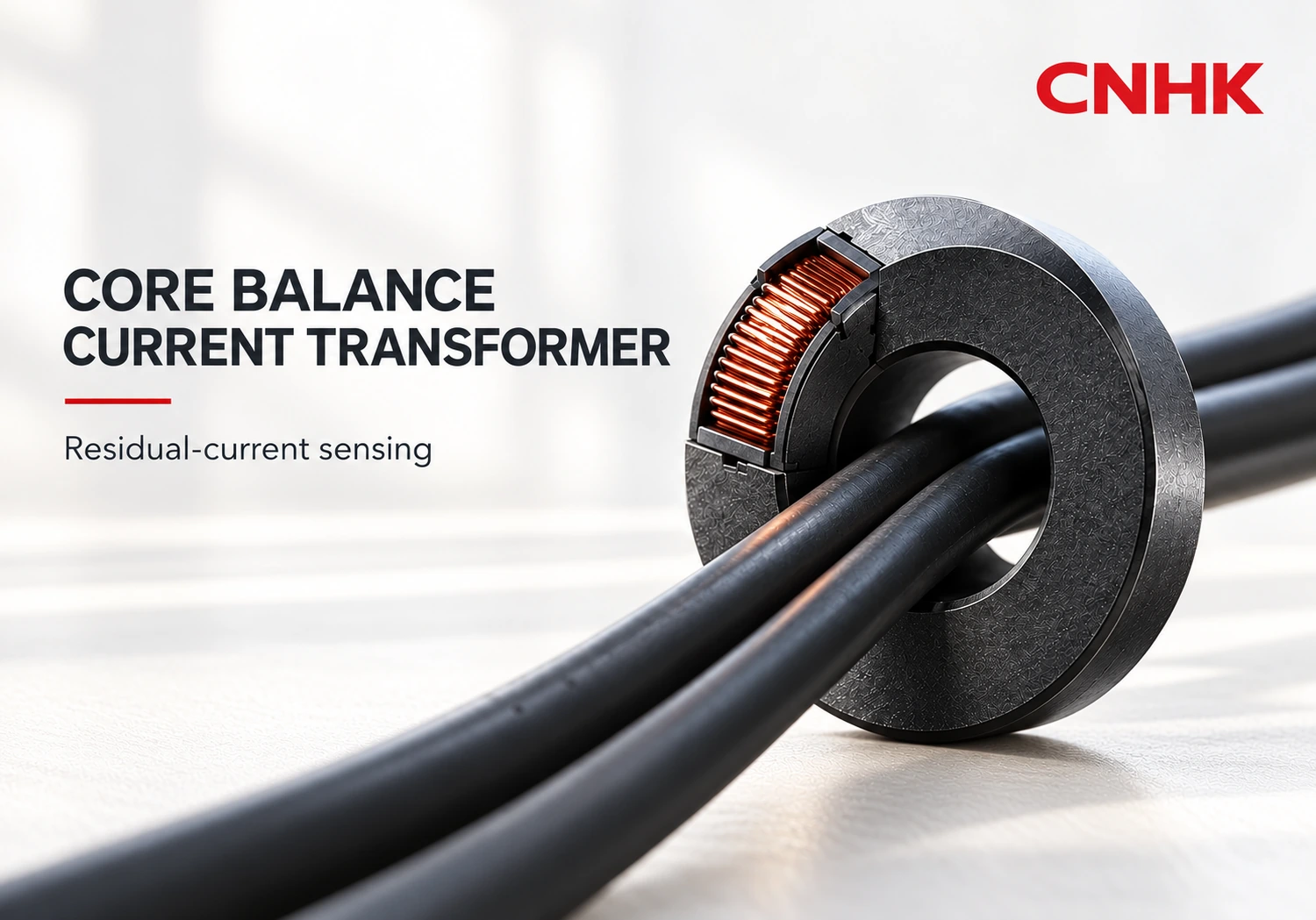 CNHK editorial cover illustrating a core balance current transformer with a conductor bundle